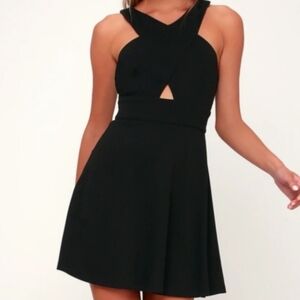 Lulus Black So Sophisticated Cut Out Criss Cross Front Skater Mini Dress